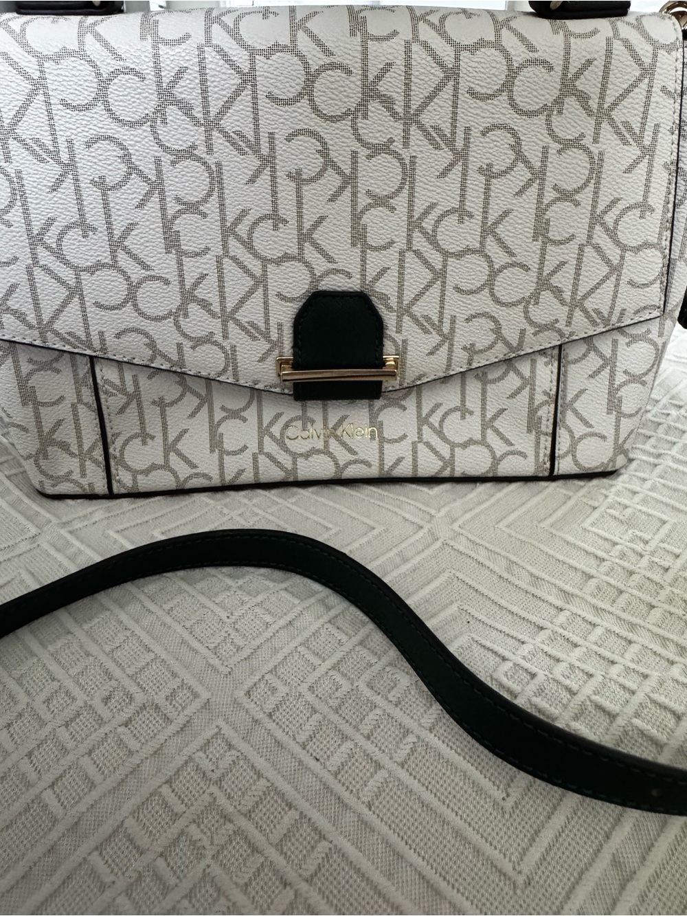 Calvin Klein White Monogram Crossbody Bag with Black Trim